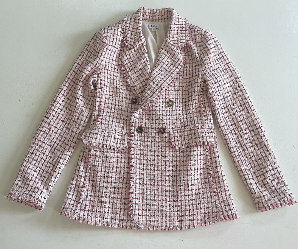 FATE Red Plaid Detailed Tweed Blazer Jacket Double Breasted Frayed Button Small
